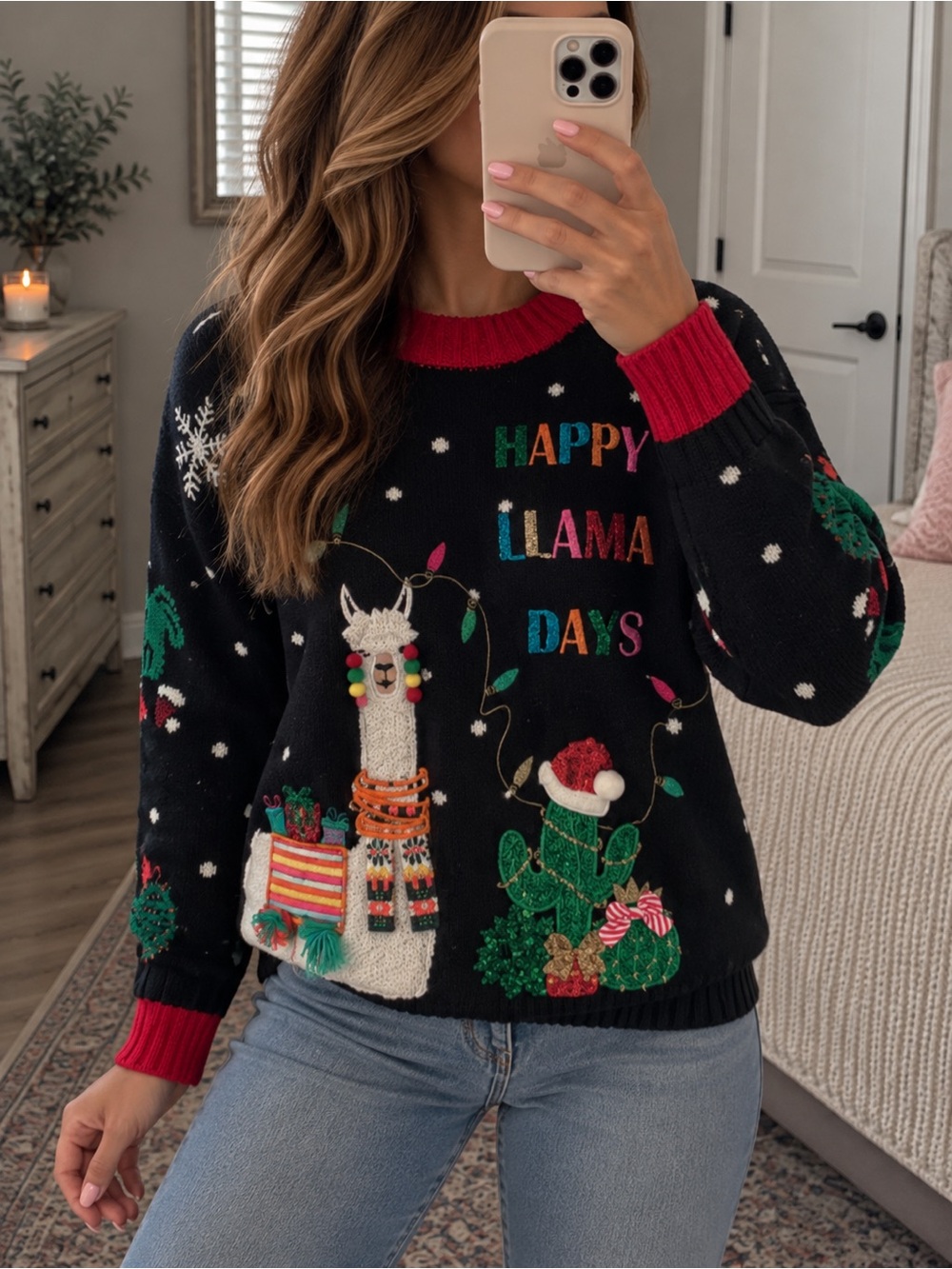 Size L Happy Llama Days Christmas Sweater Sequin Cactus Ugly Holiday Sweater